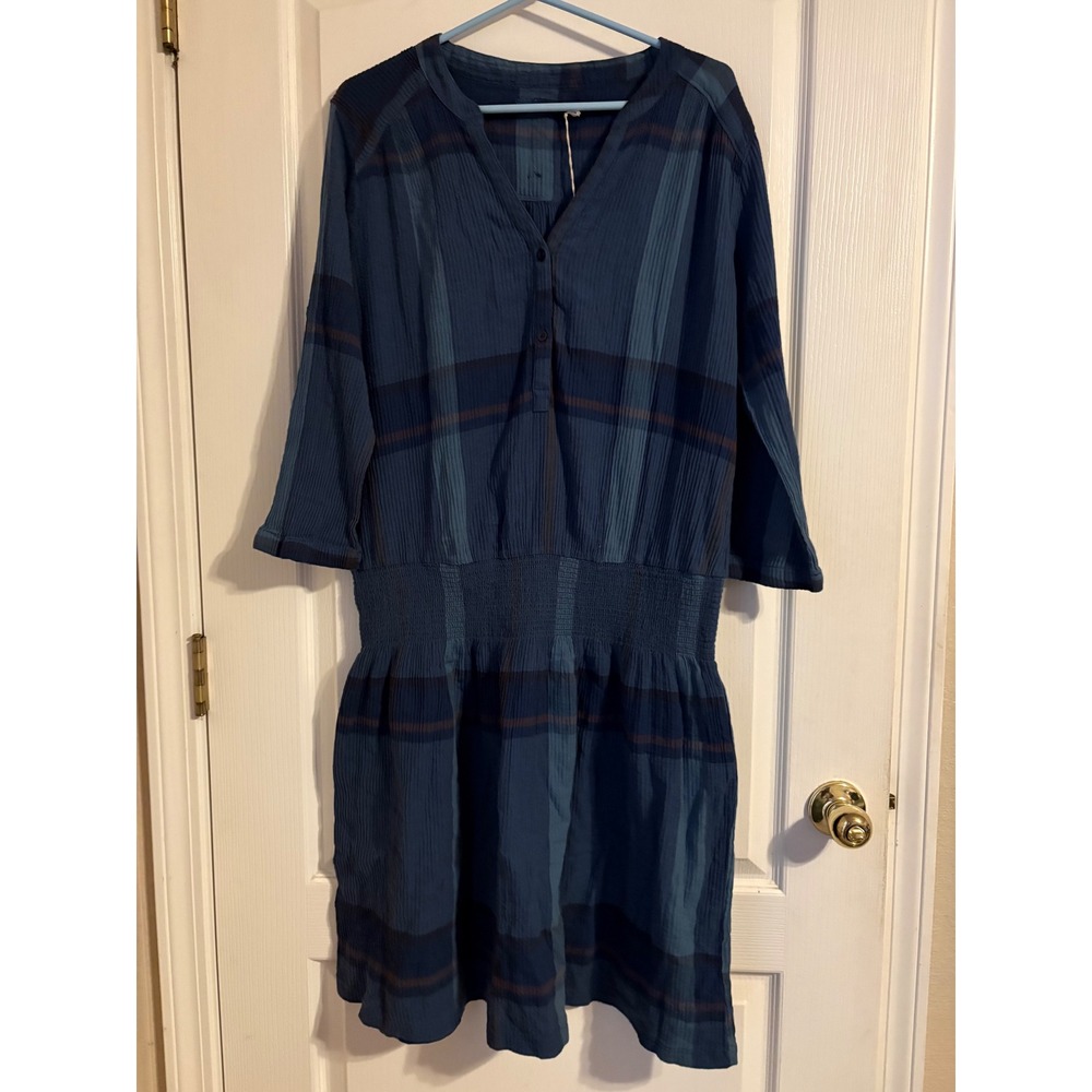 Prana Sugar Pine Dress XL Blue NEW Plaid Smocked Waist Gauze Organic Cotton